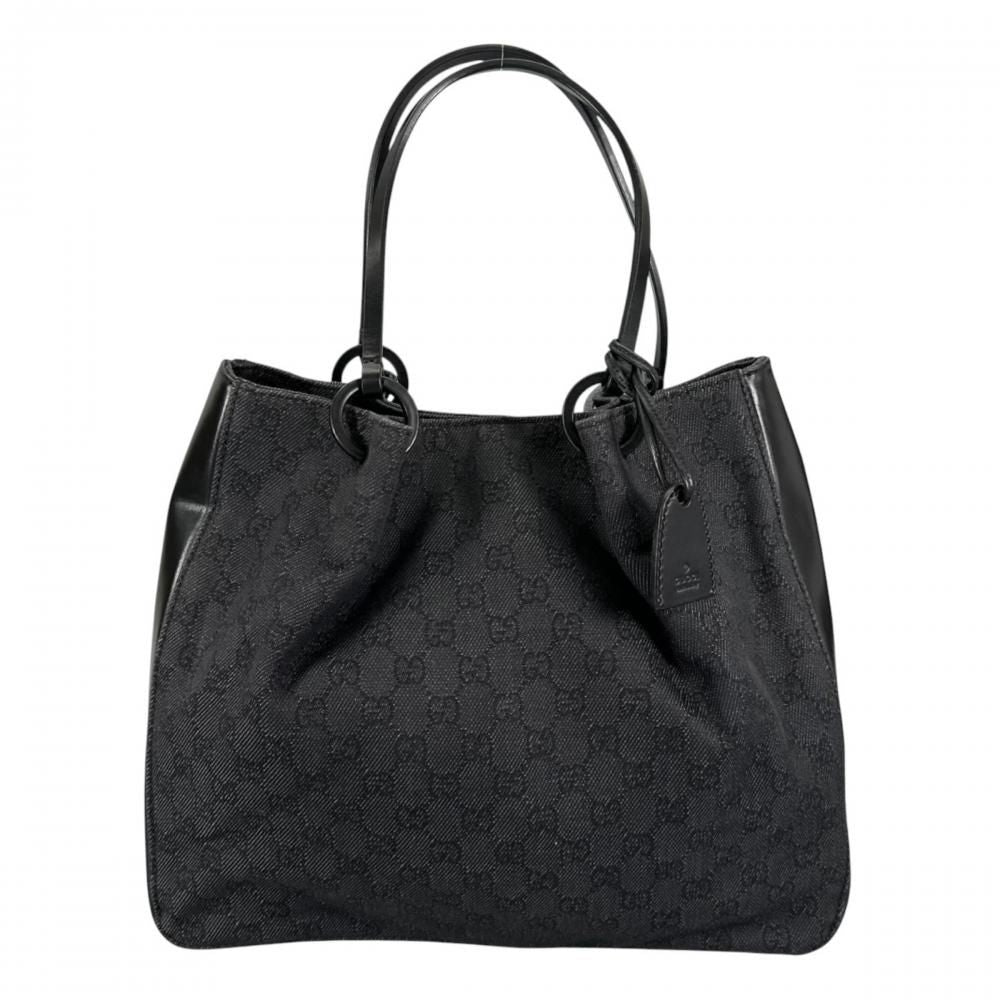 Gucci Tote GG Pattern Shoulder Bag Canvas Leather Black Silver