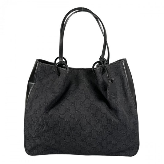Gucci Tote GG Pattern Shoulder Bag Canvas Leather Black Silver