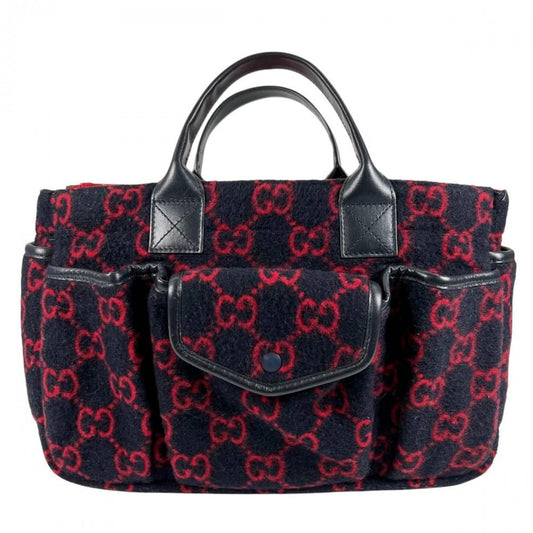 Gucci Handbag Multi Pocket Leather GG Wool Red Blue Silver