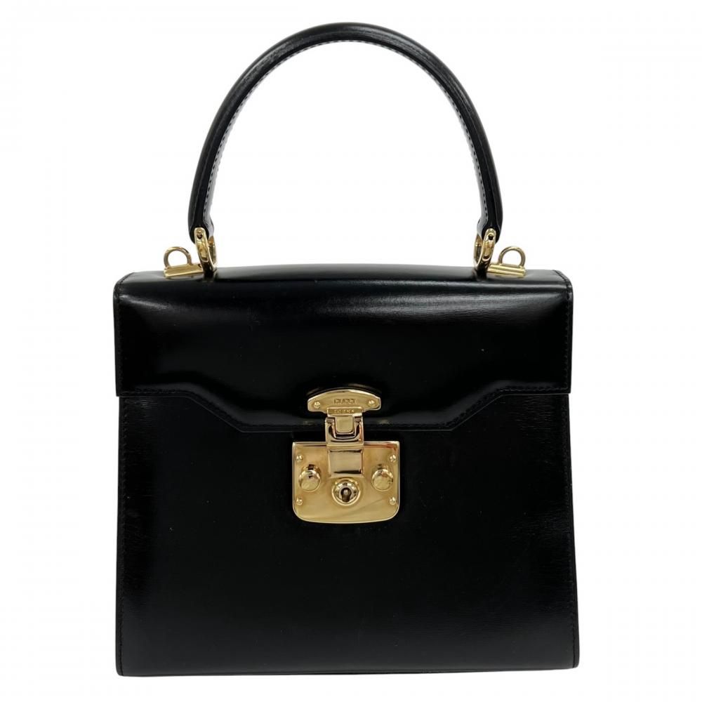 Gucci Handbag Lock Top Handle Box Calf Black Gold
