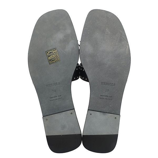 Hermes Sandals Oran Studs 38 Calf Black 38 Silver H Shape Flats — view 3