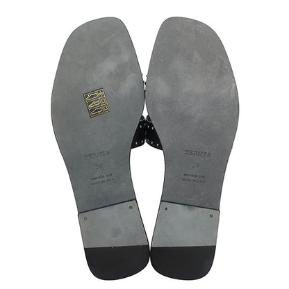 Hermes Sandals Oran Studs 38 Calf Black 38 Silver H Shape Flats — view 3