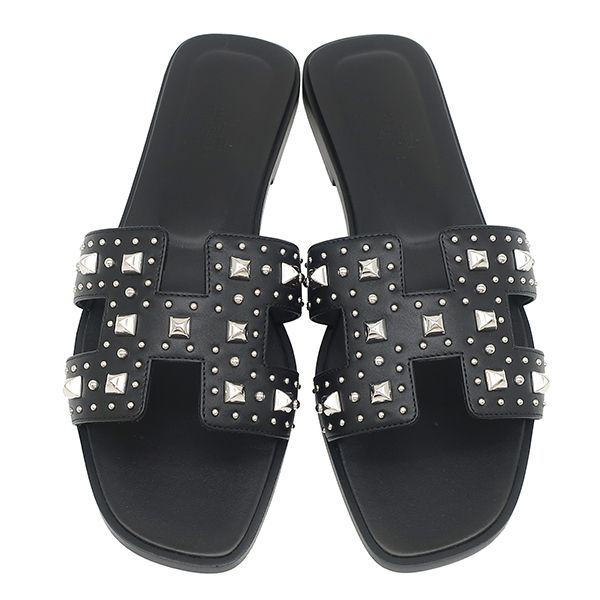 Hermes Sandals Oran Studs 38 Calf Black 38 Silver H Shape Flats — view 2