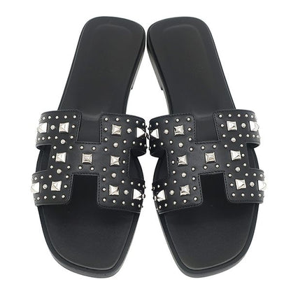 Hermes Sandals Oran Studs 38 Calf Black 38 Silver H Shape Flats — view 2