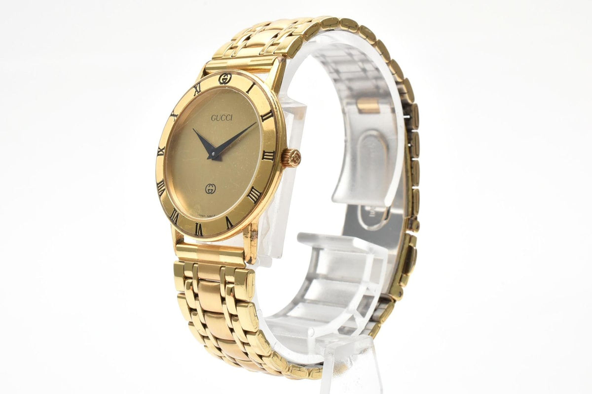Gucci Quartz Watch Gold Dial 2 Hand Roman Numeral Bezel Plate Stainless Steel — view 3
