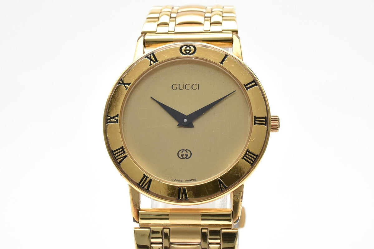 Gucci Quartz Watch Gold Dial 2 Hand Roman Numeral Bezel Plate Stainless Steel — view 2