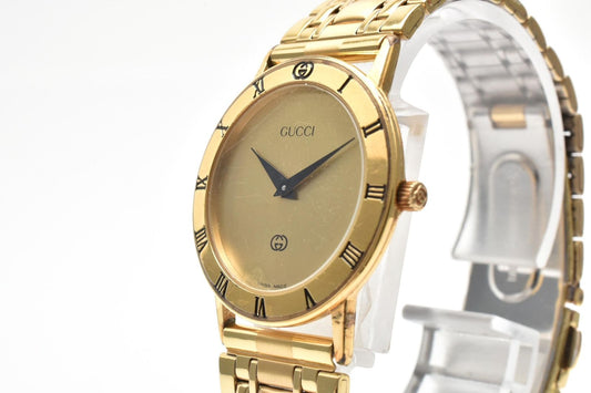 Gucci Quartz Watch Gold Dial 2 Hand Roman Numeral Bezel Plate Stainless Steel