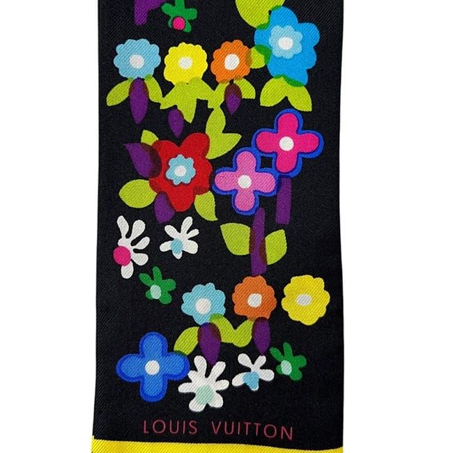 Louis Vuitton Ribbon Scarf Bandeau Multi Flower Silk Noir Black — view 5
