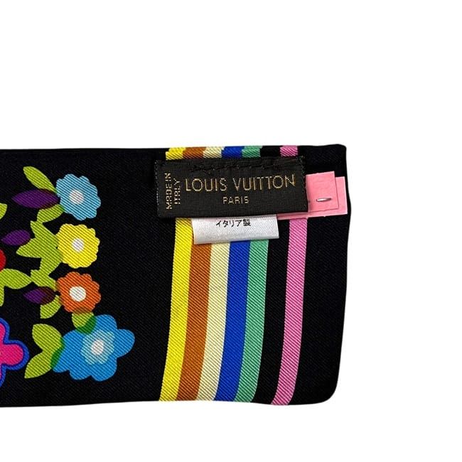 Louis Vuitton Ribbon Scarf Bandeau Multi Flower Silk Noir Black — view 6