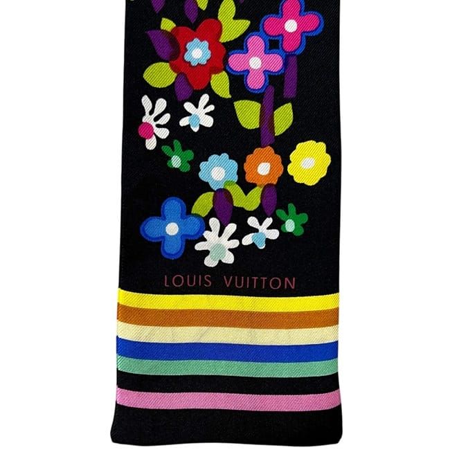 Louis Vuitton Ribbon Scarf Bandeau Multi Flower Silk Noir Black — view 4