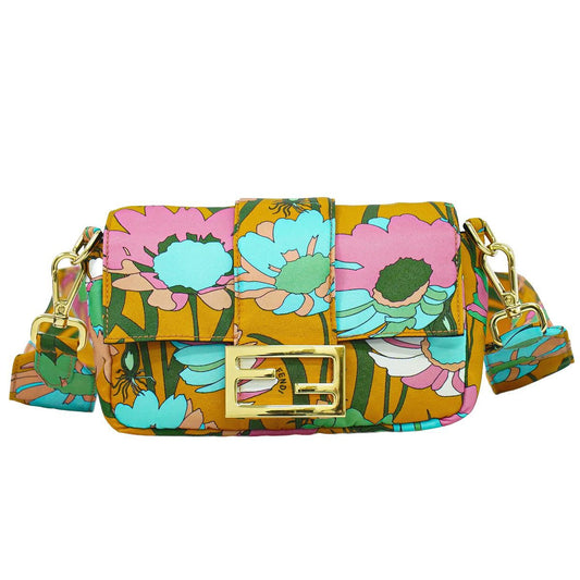Fendi Baguette Floral Pattern 2-Way Shoulder Bag Nylon Orange Multicolor
