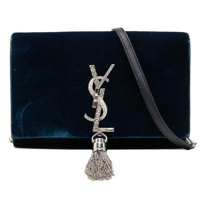 Saint Laurent YSL Logo Kate Chain Shoulder Bag Navy Silver Velour Rhinestone