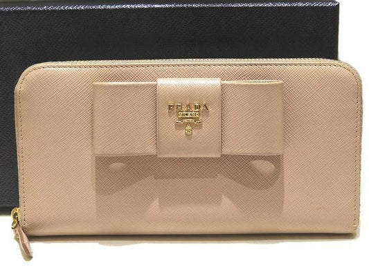Prada Zip Around Wallet Ribbon Pink Beige Saffiano Leather Gold