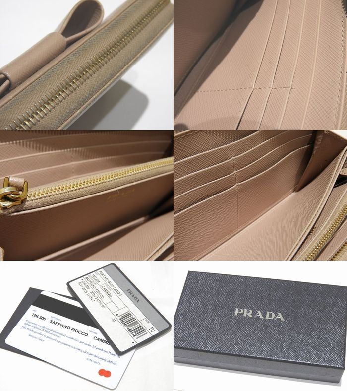 Prada Zip Around Wallet Ribbon Pink Beige Saffiano Leather Gold — view 5