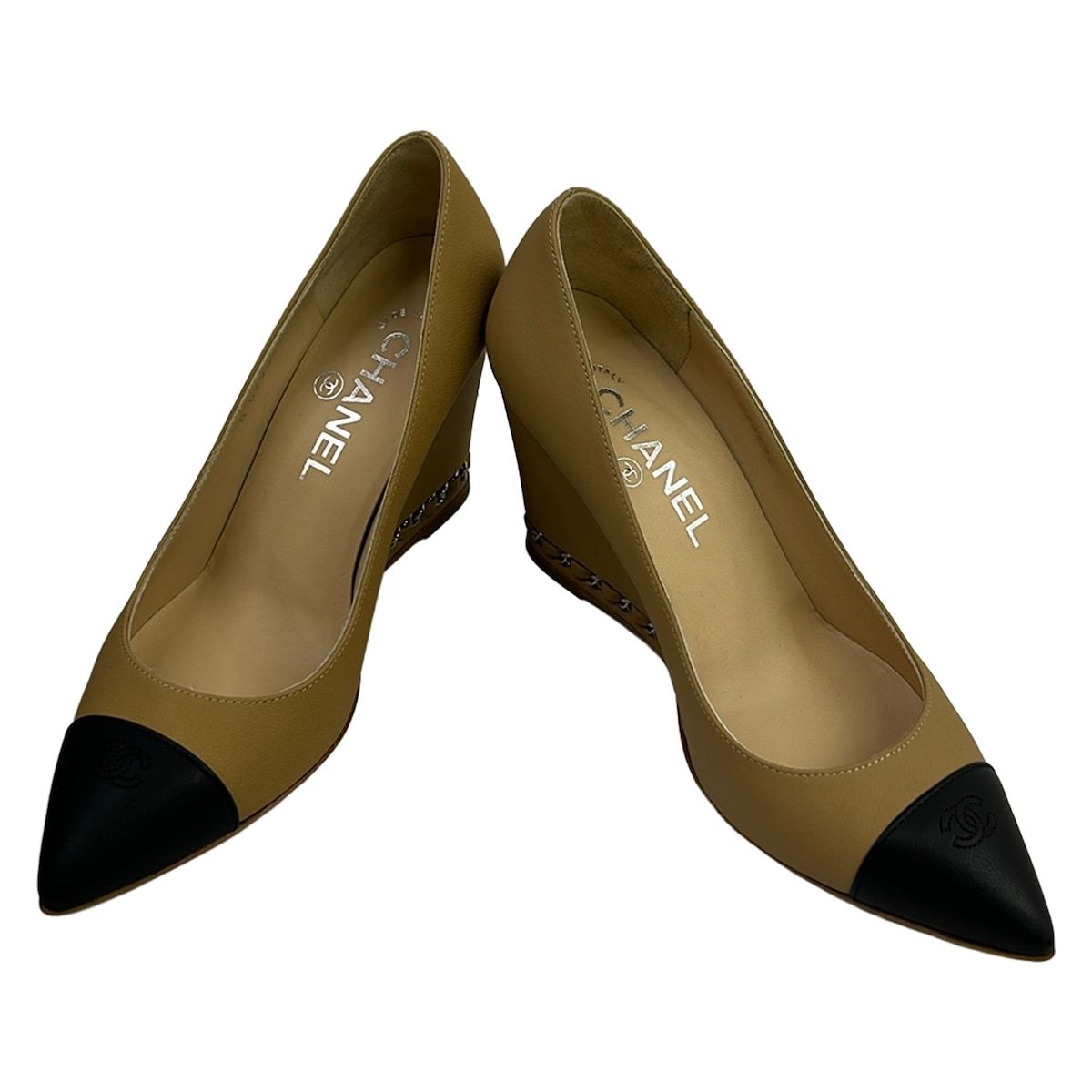 Chanel Pumps Beige Black CC Logo Wedge Sole Leather Heels — view 2