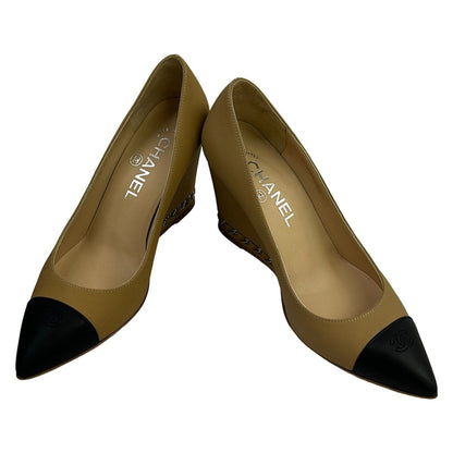 Chanel Pumps Beige Black CC Logo Wedge Sole Leather Heels — view 2
