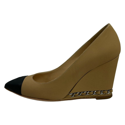 Chanel Pumps Beige Black CC Logo Wedge Sole Leather Heels