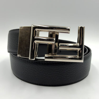 Fendi FF Logo Leather Black Belt Silver