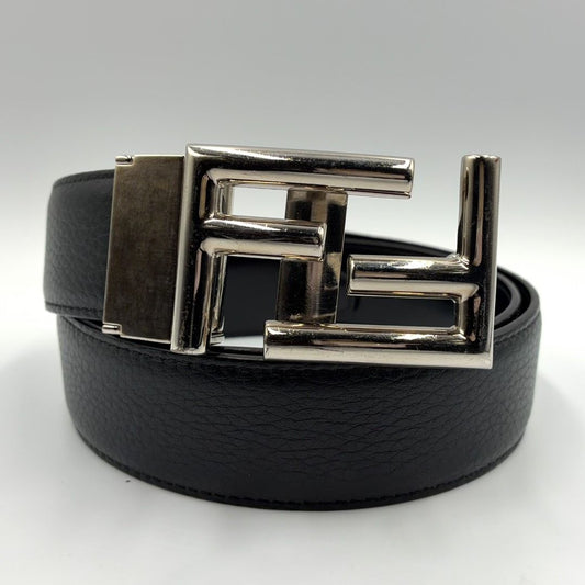 Fendi FF Logo Leather Black Belt Silver