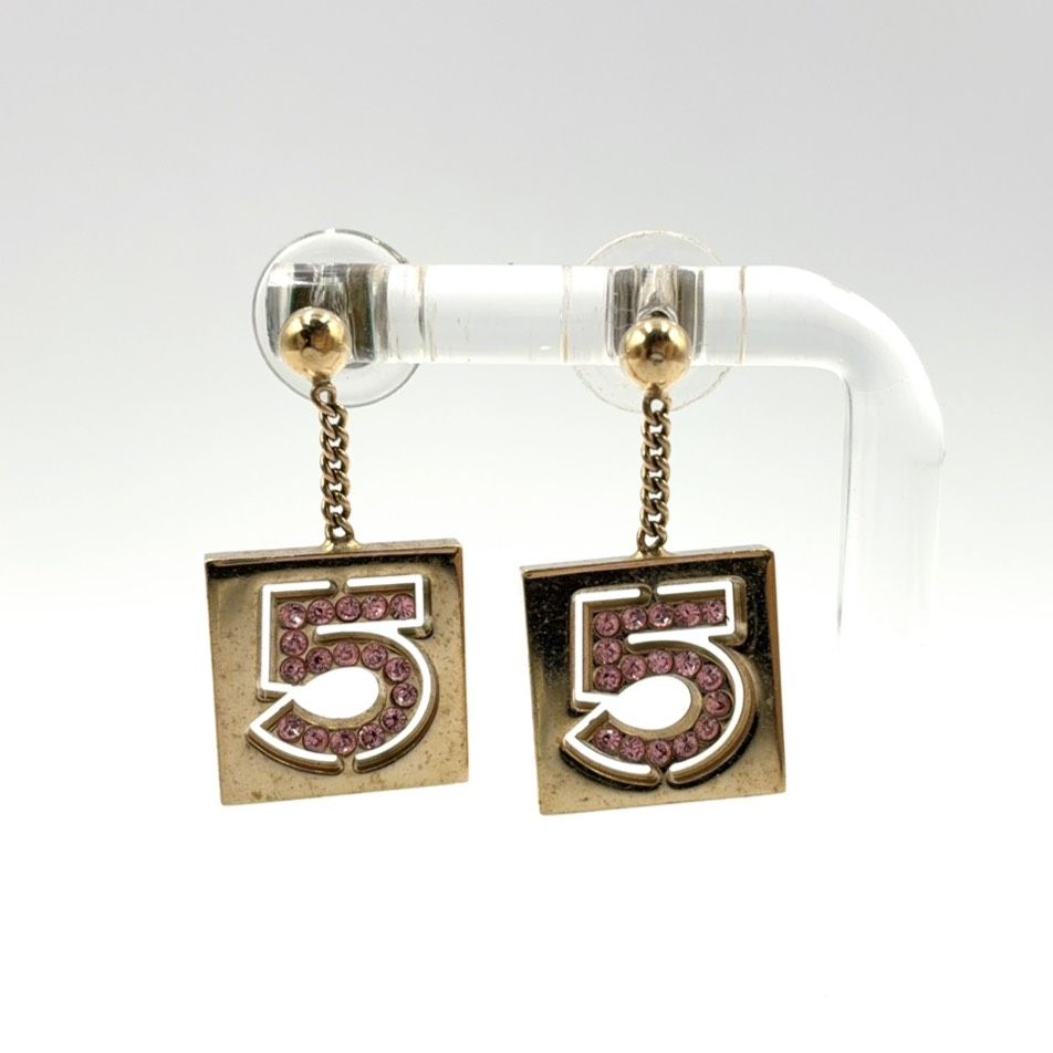 Chanel No 5 Rhinestone Square Gold Pink Earrings