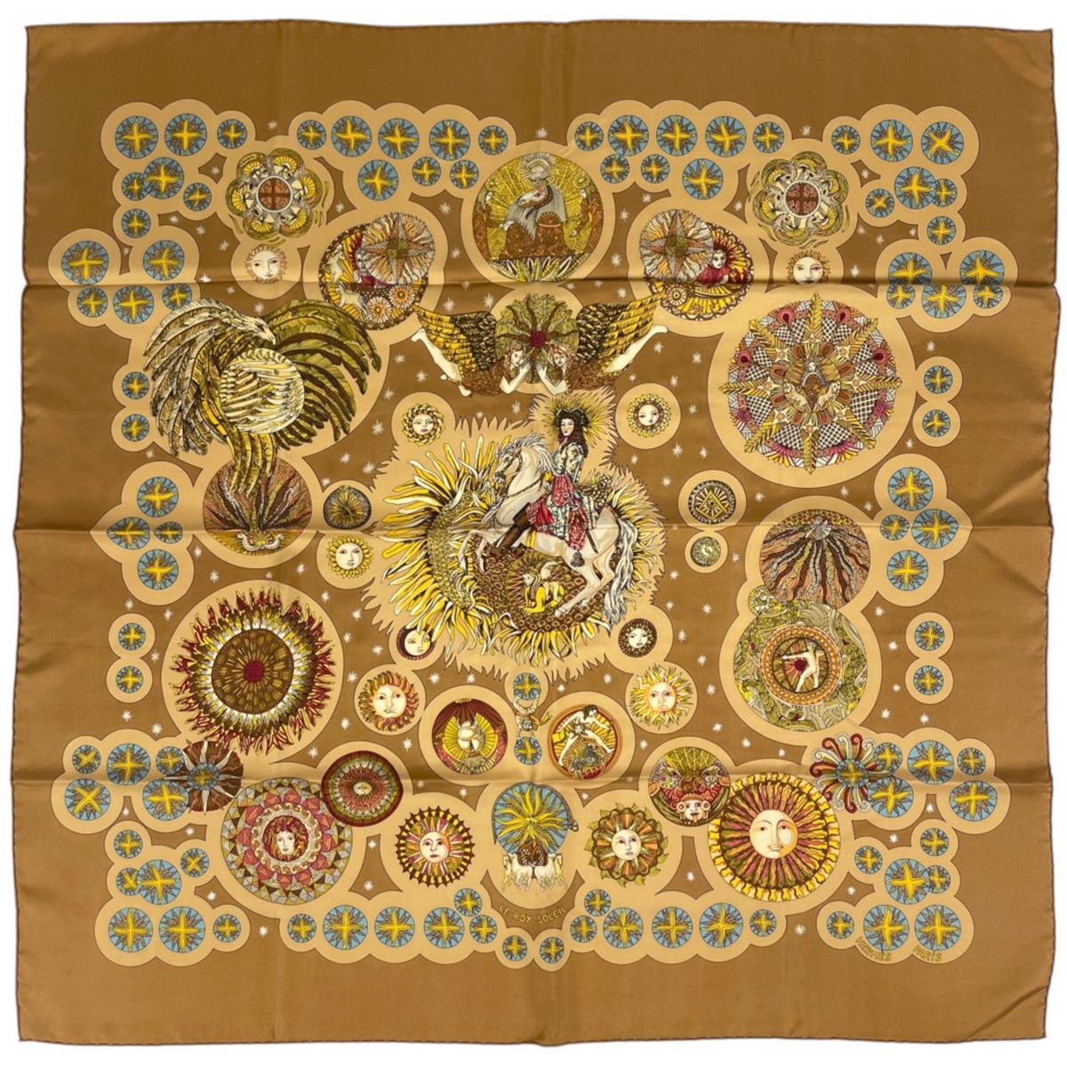 Hermes Carre 90 le Roy Soleil Scarf Sun King Silk Brown Multicolor