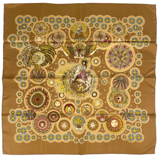 Hermes Carre 90 le Roy Soleil Scarf Sun King Silk Brown Multicolor