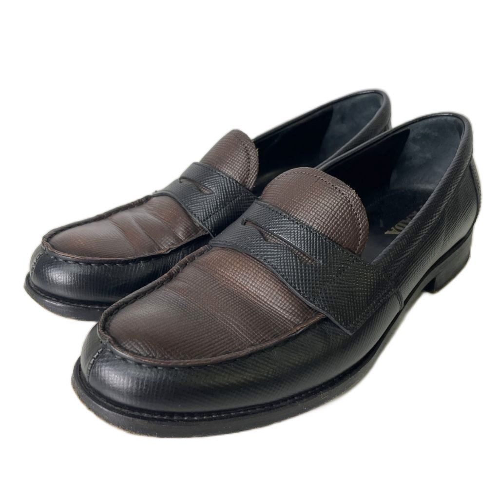 Prada Bicolor Coin Loafers Shoes Leather Brown Black
