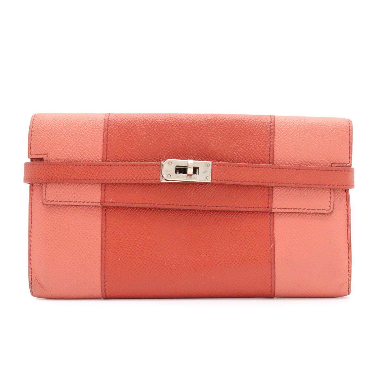 Hermes Kelly Wallet Flag Bifold Bicolor Veau Epsom Corail Flamingo Silver Mark