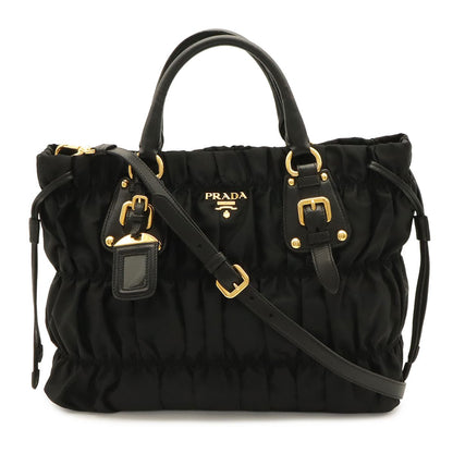 Prada Tessuto Gathered Tote 2-Way Shoulder Bag Crossbody Nylon Nero Black Gold