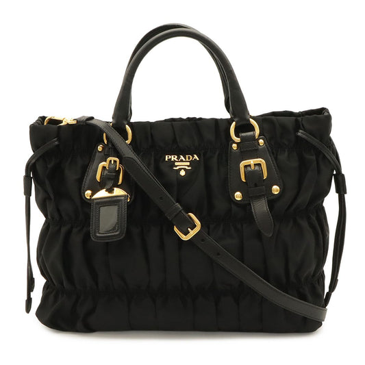 Prada Tessuto Gathered Tote 2-Way Shoulder Bag Crossbody Nylon Nero Black Gold