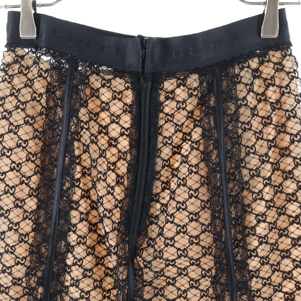 Gucci GG Net Lace Trim Long Skirt Elastic Waist Cotton Nylon Beige — view 4
