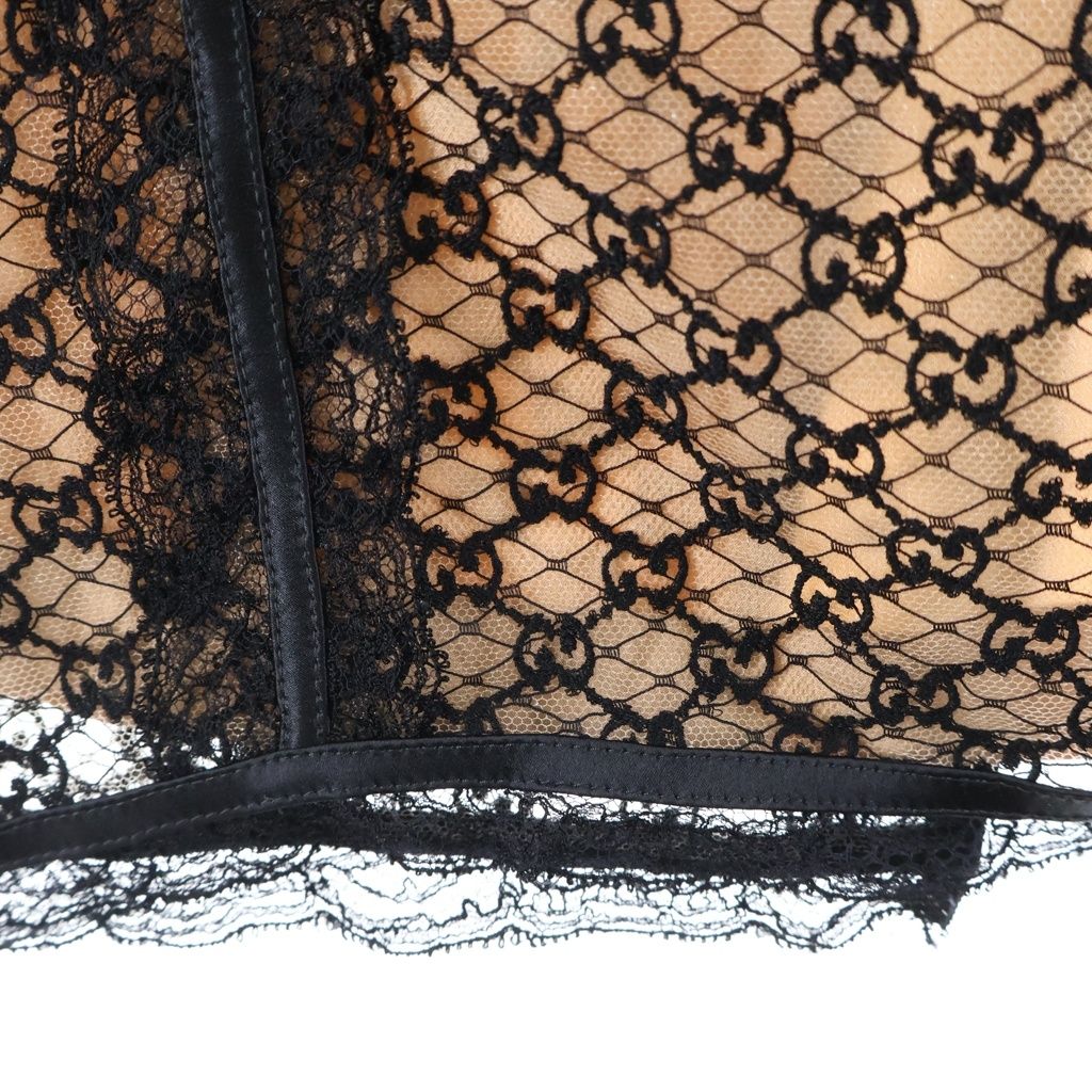 Gucci GG Net Lace Trim Long Skirt Elastic Waist Cotton Nylon Beige — view 6