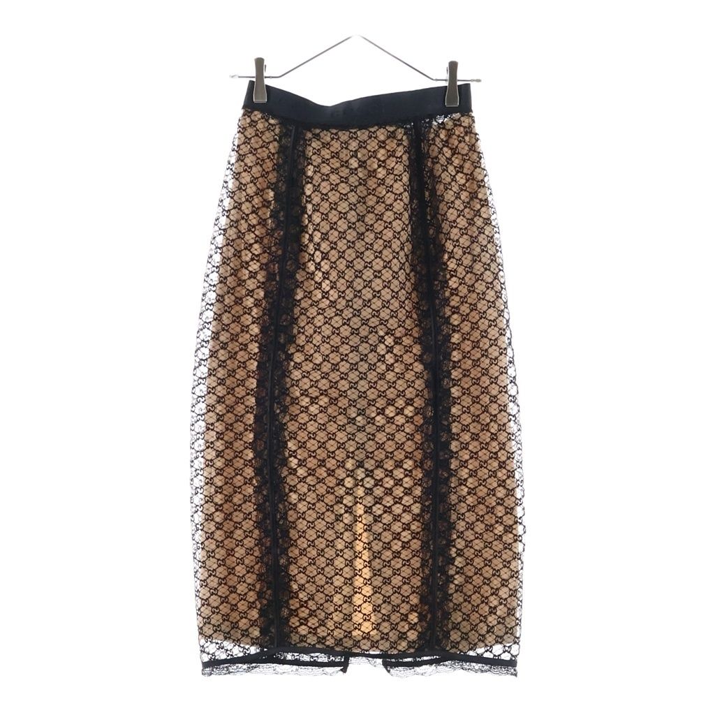 Gucci GG Net Lace Trim Long Skirt Elastic Waist Cotton Nylon Beige