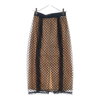 Gucci GG Net Lace Trim Long Skirt Elastic Waist Cotton Nylon Beige