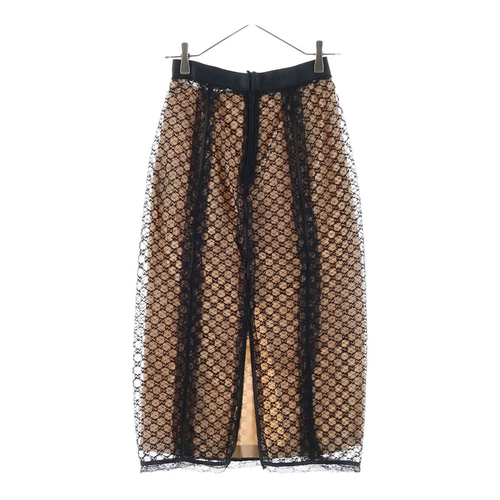 Gucci GG Net Lace Trim Long Skirt Elastic Waist Cotton Nylon Beige — view 2