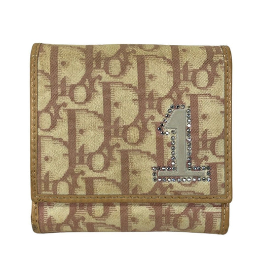 Dior Snap Wallet Trotter Beige Pink Silver Rhinestone Leather