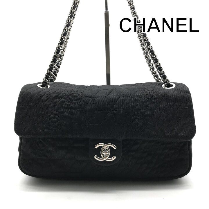 Chanel CC Logo Denim Camellia Chain Shoulder Bag Black