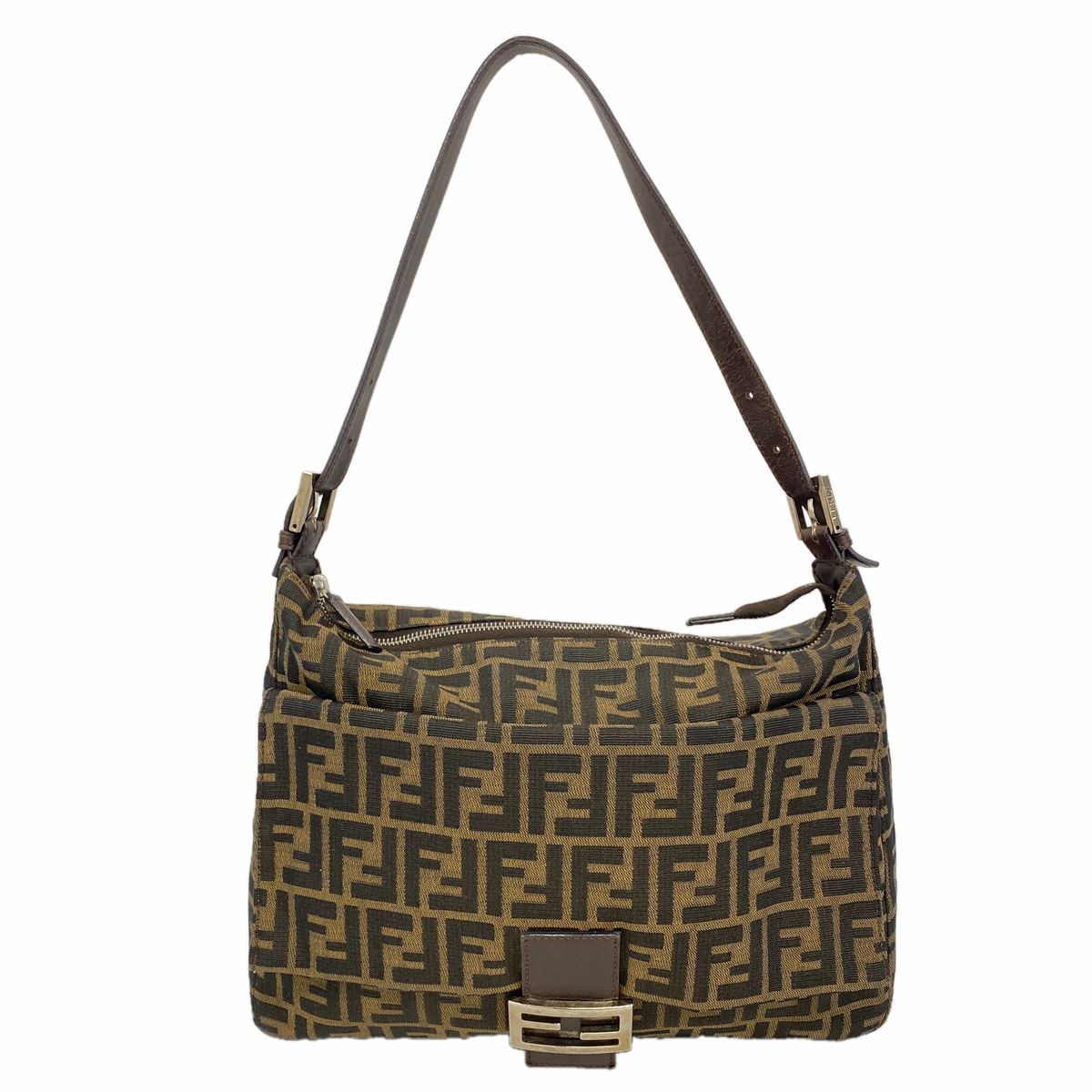 Fendi Shoulder Bag Zucca Nylon Canvas Brown Silver
