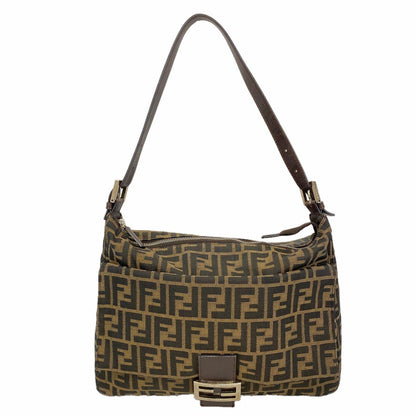 Fendi Shoulder Bag Zucca Nylon Canvas Brown Silver