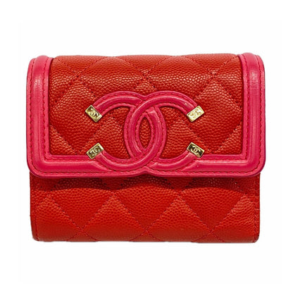 Chanel Trifold Wallet CC Filigree Caviar Leather Red Gold