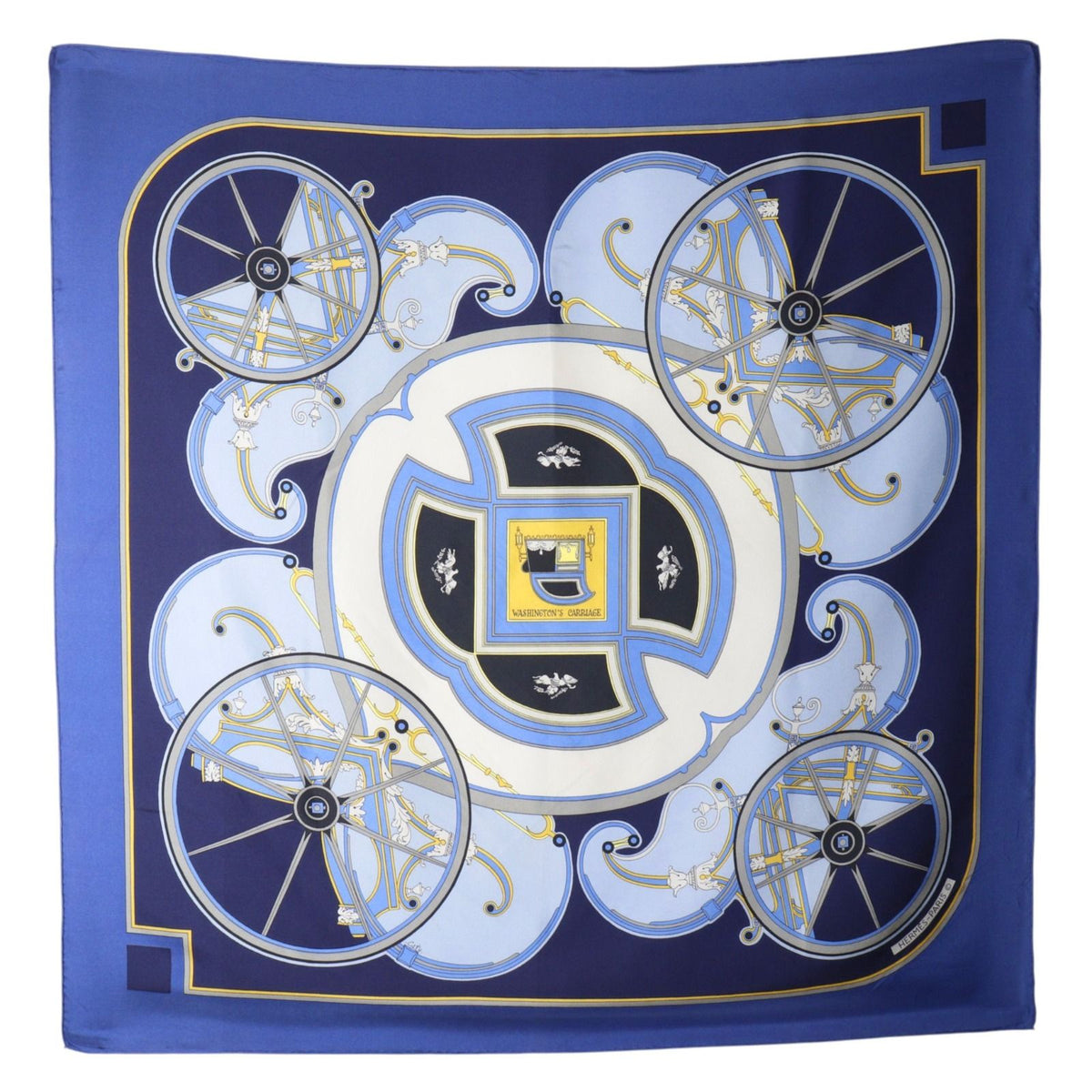 Hermes Carre 90 Washington's Carriage George Silk Blue Scarf