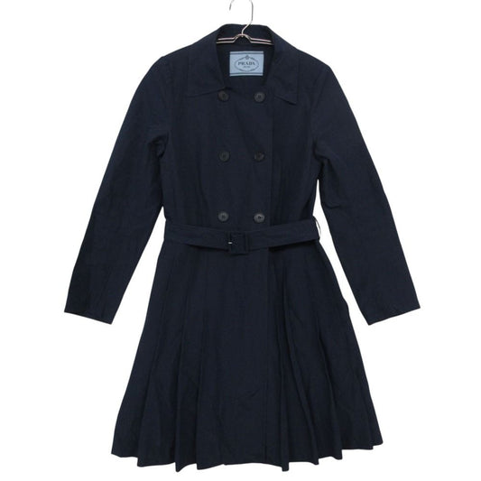 Prada Coat Spring Pleated Jacket Midi Length Trench with Belt Navy