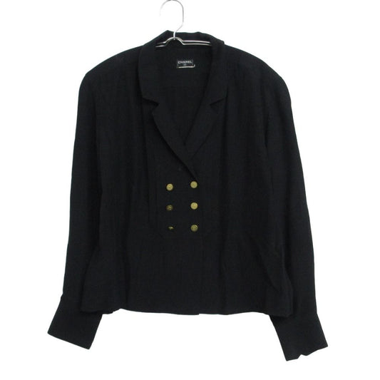 Chanel Long Sleeve Shirt Jacket CC Logo Gold Button Silk 100% Tailored Pleats