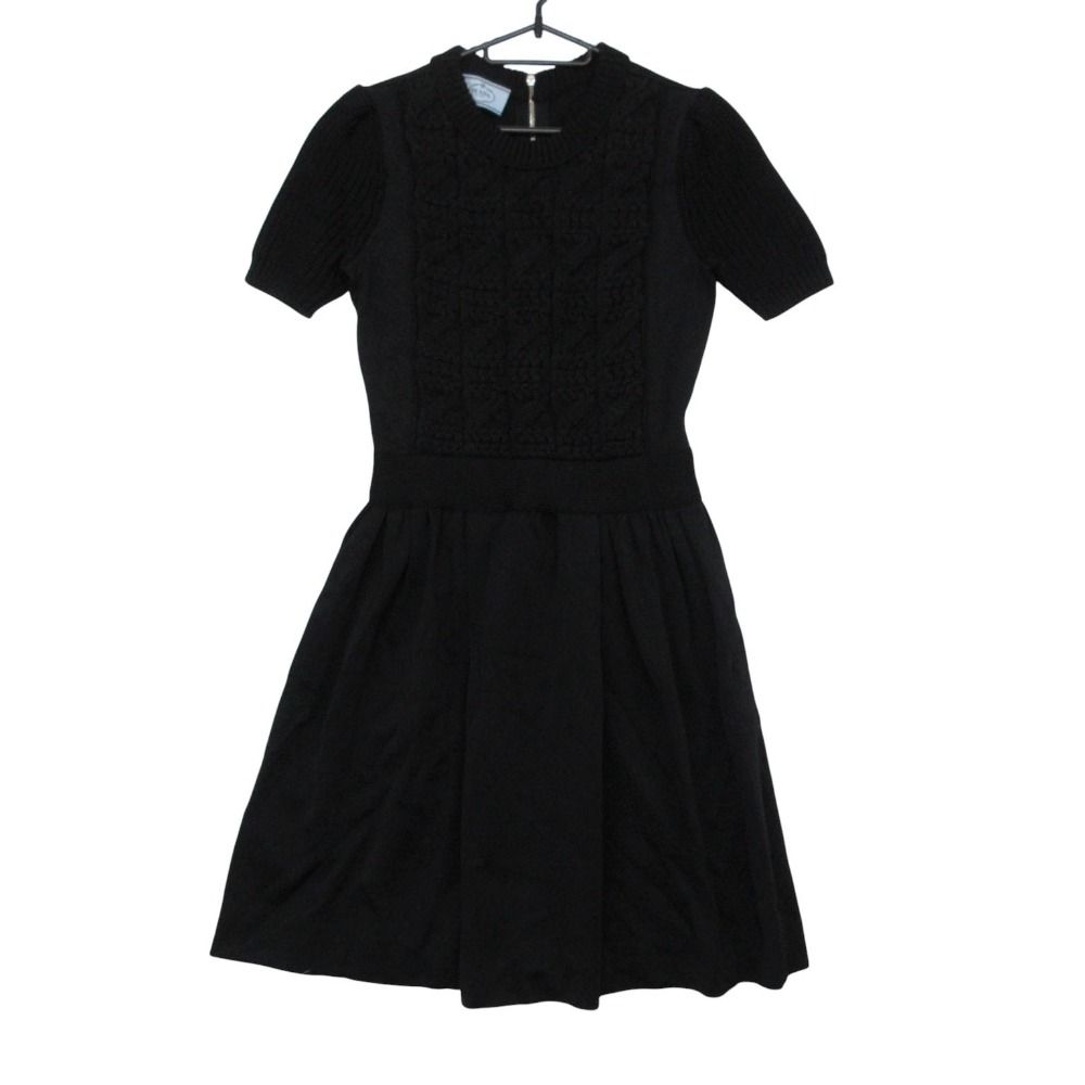 Prada Dress Cotton Wool Knit Contrast Sweatshirt Short Sleeve Black