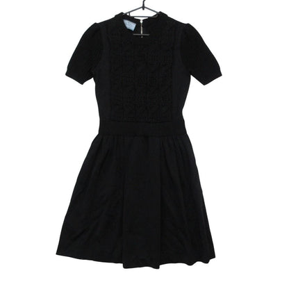 Prada Dress Cotton Wool Knit Contrast Sweatshirt Short Sleeve Black