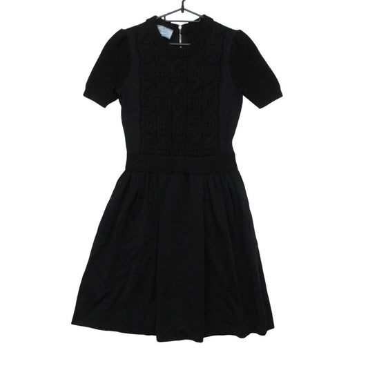 Prada Dress Cotton Wool Knit Contrast Sweatshirt Short Sleeve Black