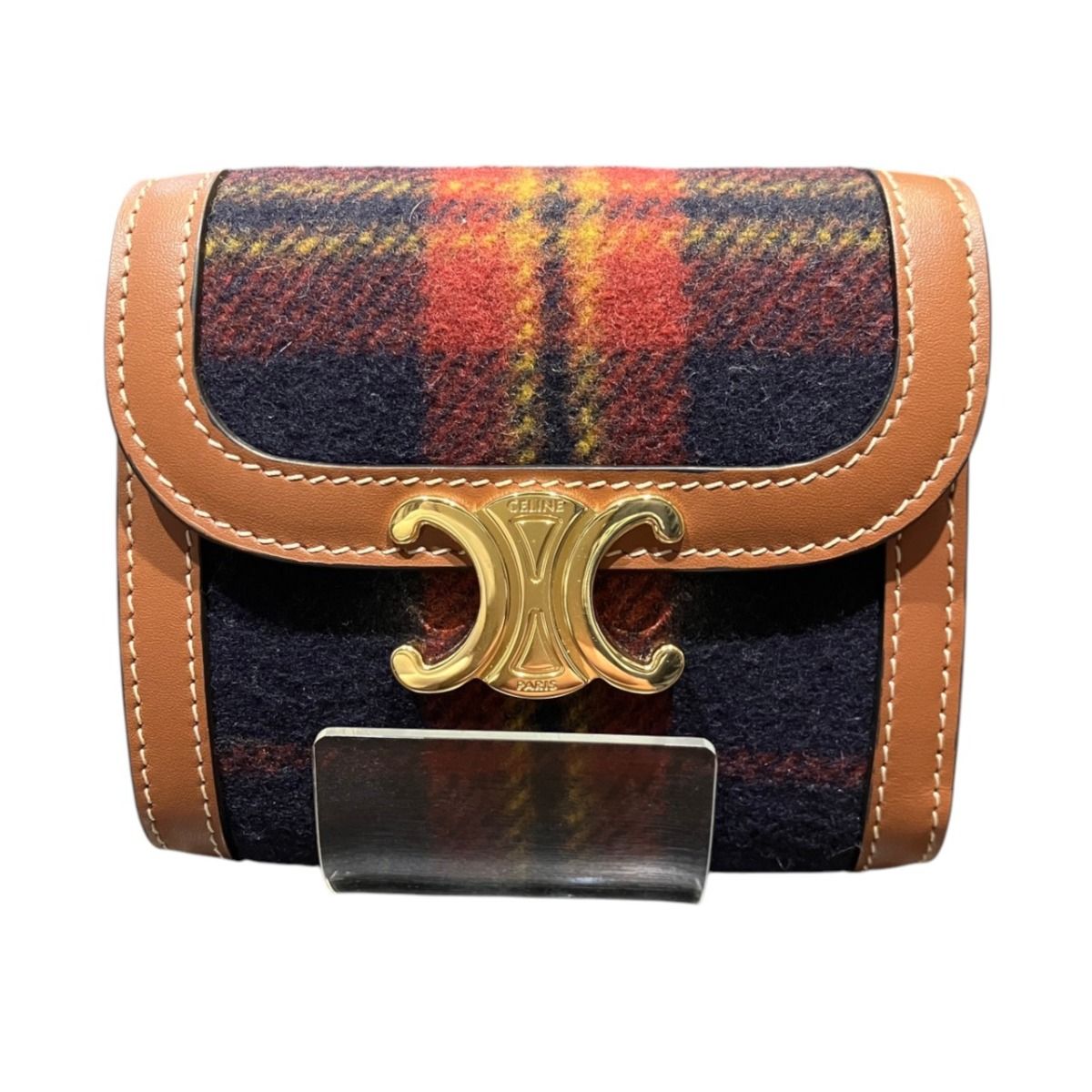 Celine Triomphe Small Flap Wallet Tartan Check Trifold Wool Leather