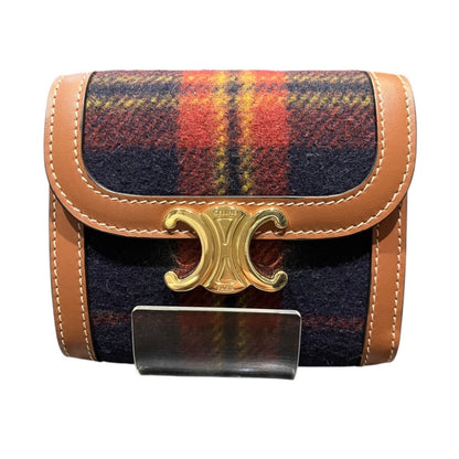 Celine Triomphe Small Flap Wallet Tartan Check Trifold Wool Leather