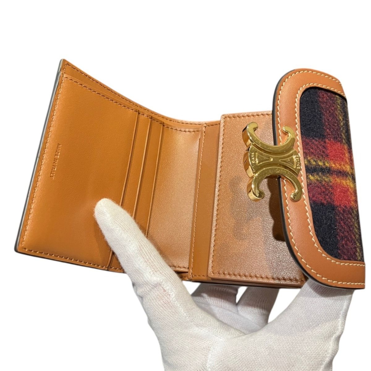 Celine Triomphe Small Flap Wallet Tartan Check Trifold Wool Leather — view 3