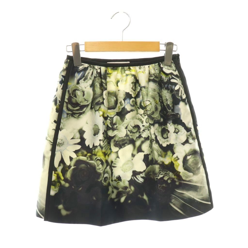 Prada Silk Skirt Mini Flare Floral Pattern All Over Print Black Multicolor 38
